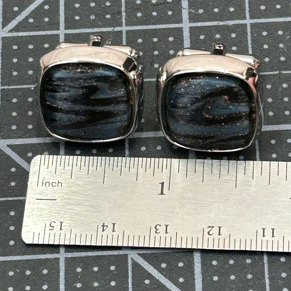Vintage Hickok‎ USA Cufflinks Silver Tone Square Blue Black Swirl Toggle Back